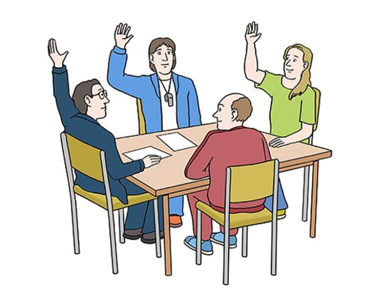 Eine Comic-Illustration von mehreren Personen, die gemeinsam an einem Tisch sitzen und im Rahmen einer Besprechung, Moderation oder Abstimmung ihre Hände heben.