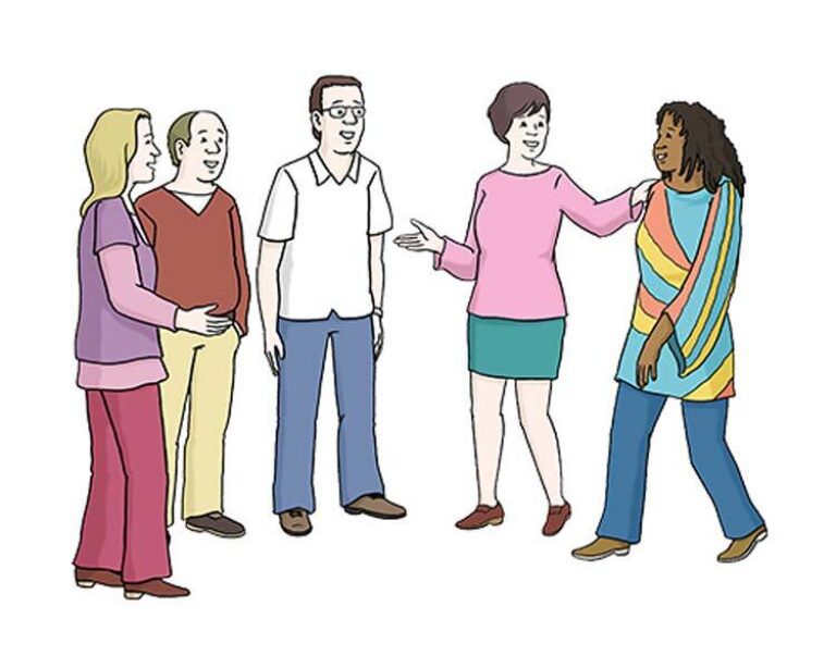 Eine farbenfrohe Comic-Illustration von fünf Personen, die in einer Gruppe zusammenstehen, sich freundlich unterhalten und einander vorstellen.