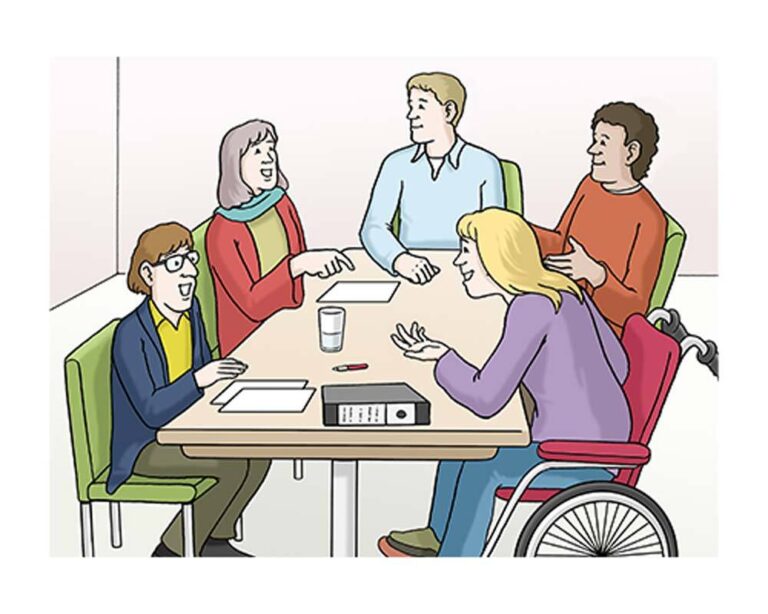 Eine Comic-Illustration von mehreren Personen, die gemeinsam an einem Tisch sitzen und sich intensiv austauschen; unter den Teilnehmenden befindet sich auch eine Person im Rollstuhl, die sich aktiv in die Besprechung einbringt.