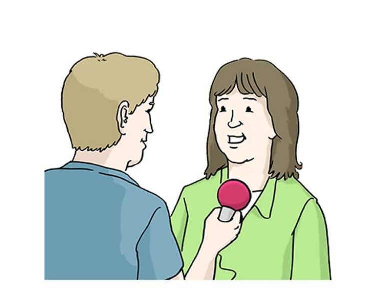Eine Comic-Illustration von zwei Personen im Gespräch, bei dem eine Person der anderen ein Mikrofon für ein Interview oder ein Statement hinhält.