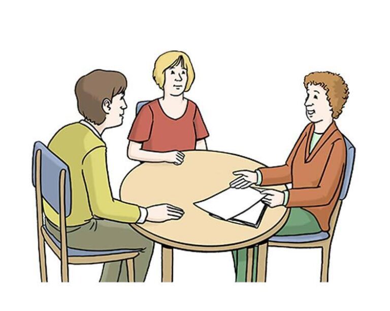 Illustration von drei Personen, die an einem Tisch sitzen und ein Gespräch führen