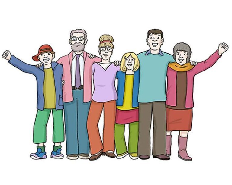 Eine farbenfrohe Comic-Illustration von sechs Personen verschiedener Generationen, die sich gut gelaunt im Arm halten und als Gemeinschaft zusammenstehen.