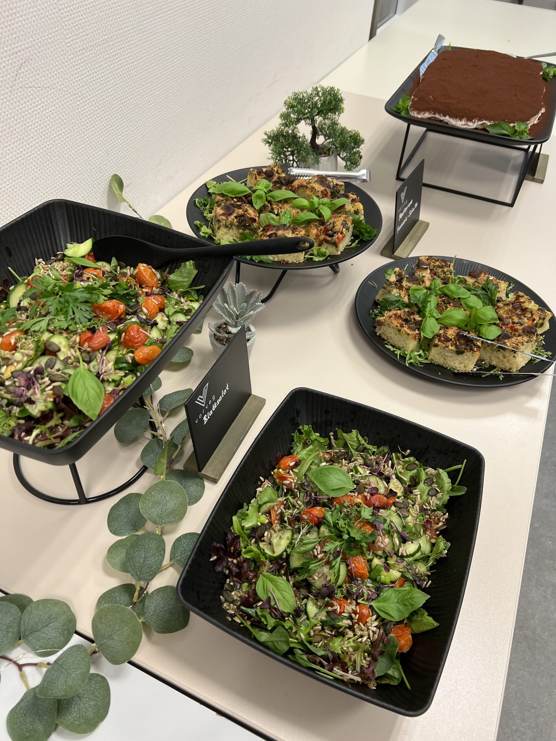 Mehrere schwarze Schalen mit gemischtem Salat, Kräutern und gebackenen Speisen auf einem weißen Tisch, im Hintergrund ein Teller mit Tiramisu.